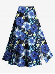 Plus Size Tropical Leaves Floral Print Hawaii Split A Line Skirt -  