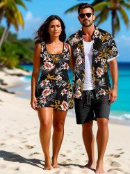 Ensemble chemise et barboteuse hawaïennes assorties, grande taille, imprimé feuilles tropicales et hibiscus, pour couples - Noir 