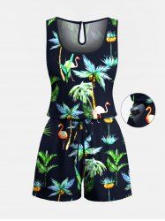 Plus Size Coconut Tree Flamingo Print Hawaii Drawstring Pocket Romper -  
