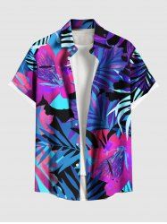 Plus Size Tropical Leaf Hibiscus Flowers Print Buttons Pocket Hawaii Shirt For Men -  