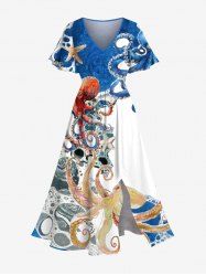 Plus Size Colorful Octopus Sea Waves Print Hawaii Split Pocket A Line Midi Dress -  