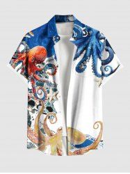 Plus Size Colorful Octopus Sea Waves Print Hawaii Button Pocket Shirt For Men -  