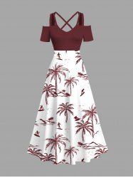 Robe longue hawaïenne grande taille à imprimé cocotiers et à bretelles croisées, épaules dénudées et coupe trapèze - Rouge 3X