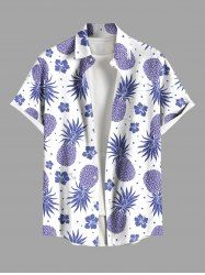 Plus Size Pineapple Hibiscus Flower Print Buttons Pocket Hawaii Shirt For Men -  