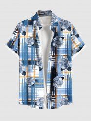 Plus Size Flower Ink Painting Plaid Colorblock Print Hawaii Button Pocket Shirt For Men -  