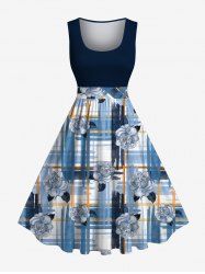 Robe trapèze à carreaux style hawaïen vintage, grande taille, motif floral à l'encre - Bleu 2X