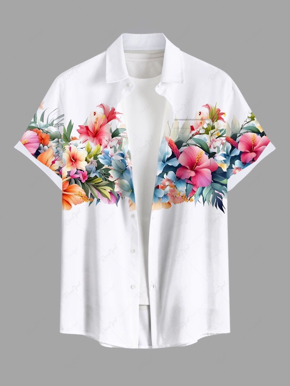 New Plus Size Flowers Tropical Leaf Print Buttons Pocket Hawaii Shirt For Men  