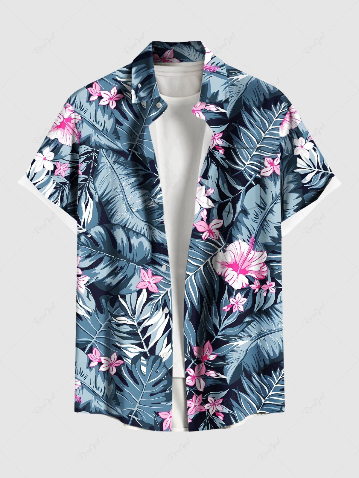 Latest Plus Size Tropical Leaf Hibiscus Flower Print Buttons Pocket Hawaii Shirt For Men  