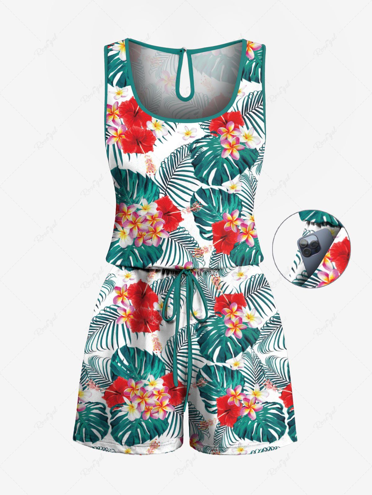 Barboteuse Sanglée Fleur Feuille Tropicale Imprimée de Grande Taille Vert L