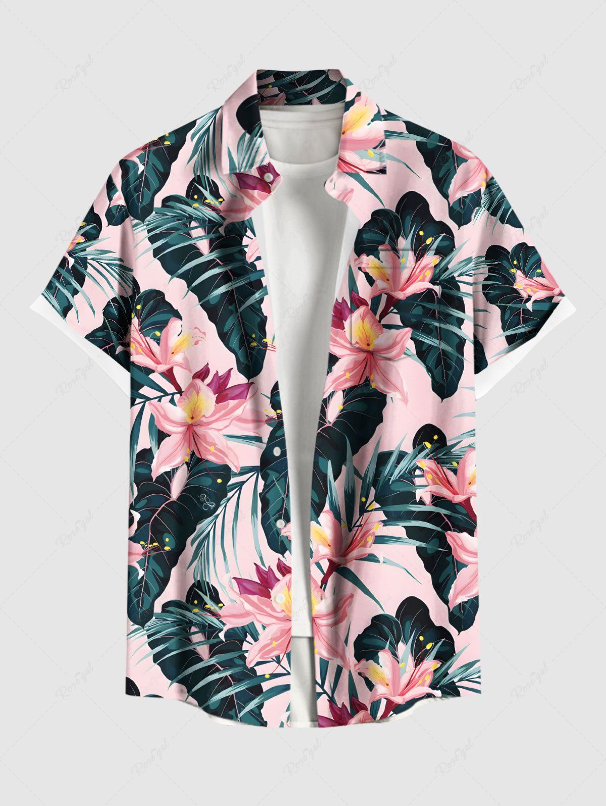 Sale Plus Size Tropical Flower Leaf Print Buttons Pocket Hawaii Shirt For Men  