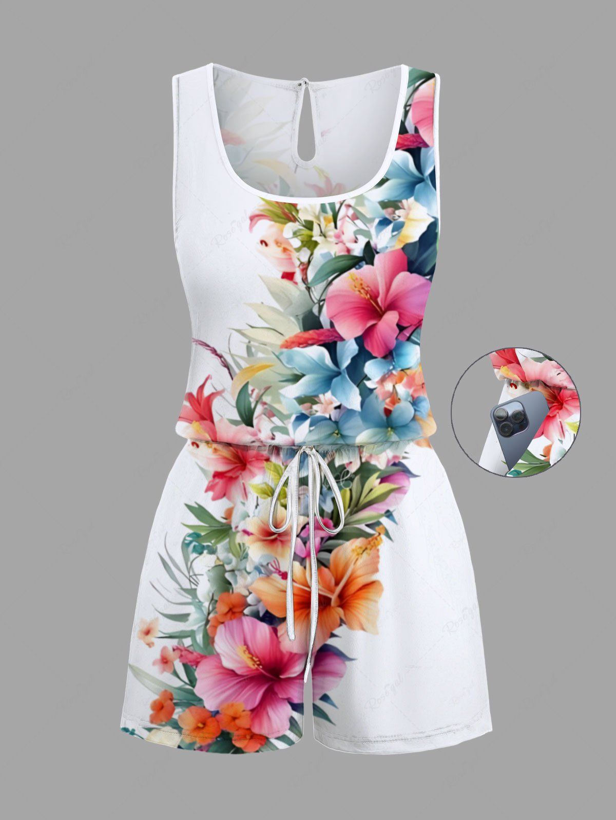 Barboteuse Chinée Fleur Feuille Tropicale Imprimée de Grande Taille avec Poche Blanc 5X