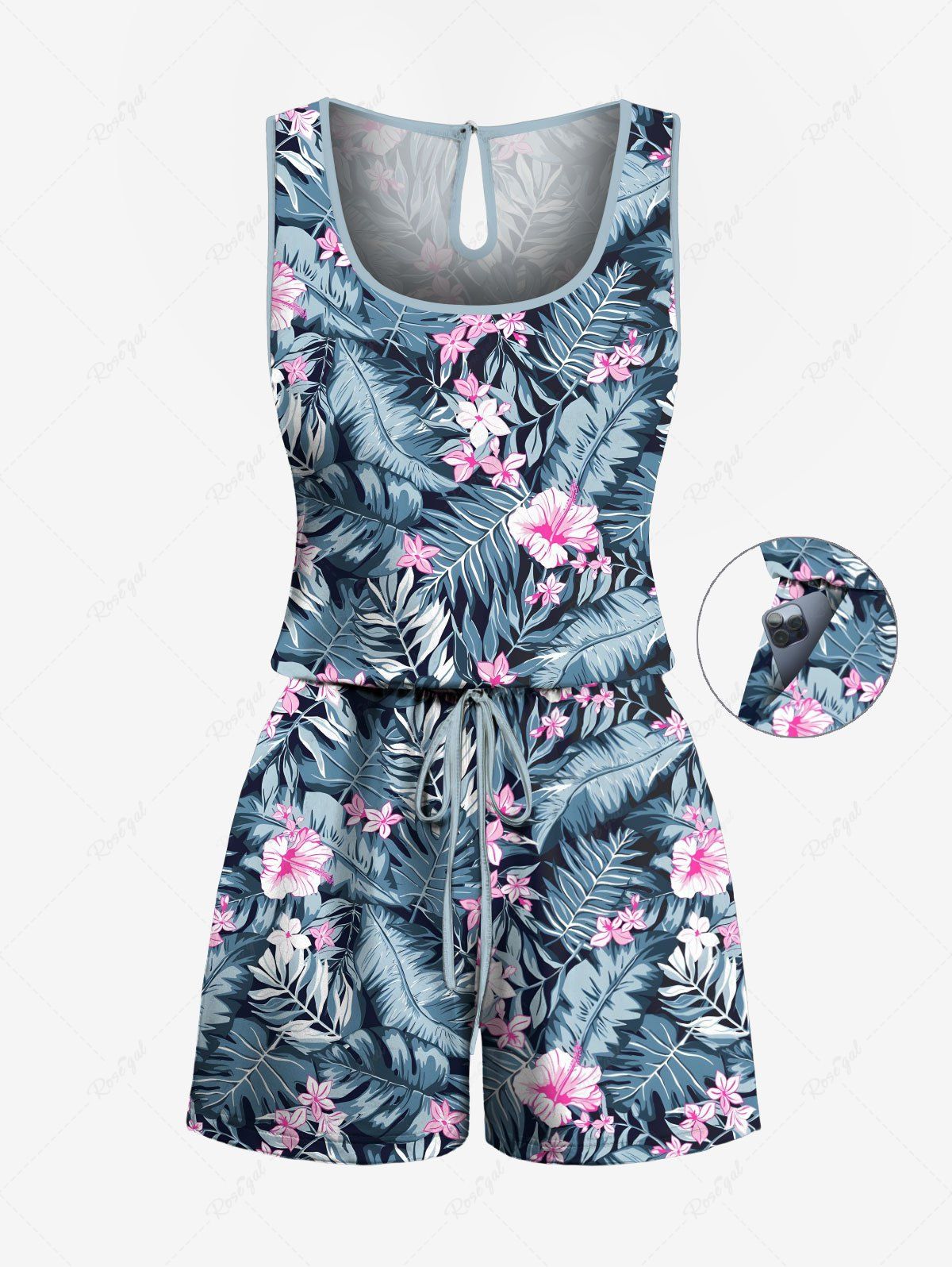 Barboteuse Hawaïen Sanglée Fleur Feuille Tropicale Imprimées de Grande Taille Bleu 6X