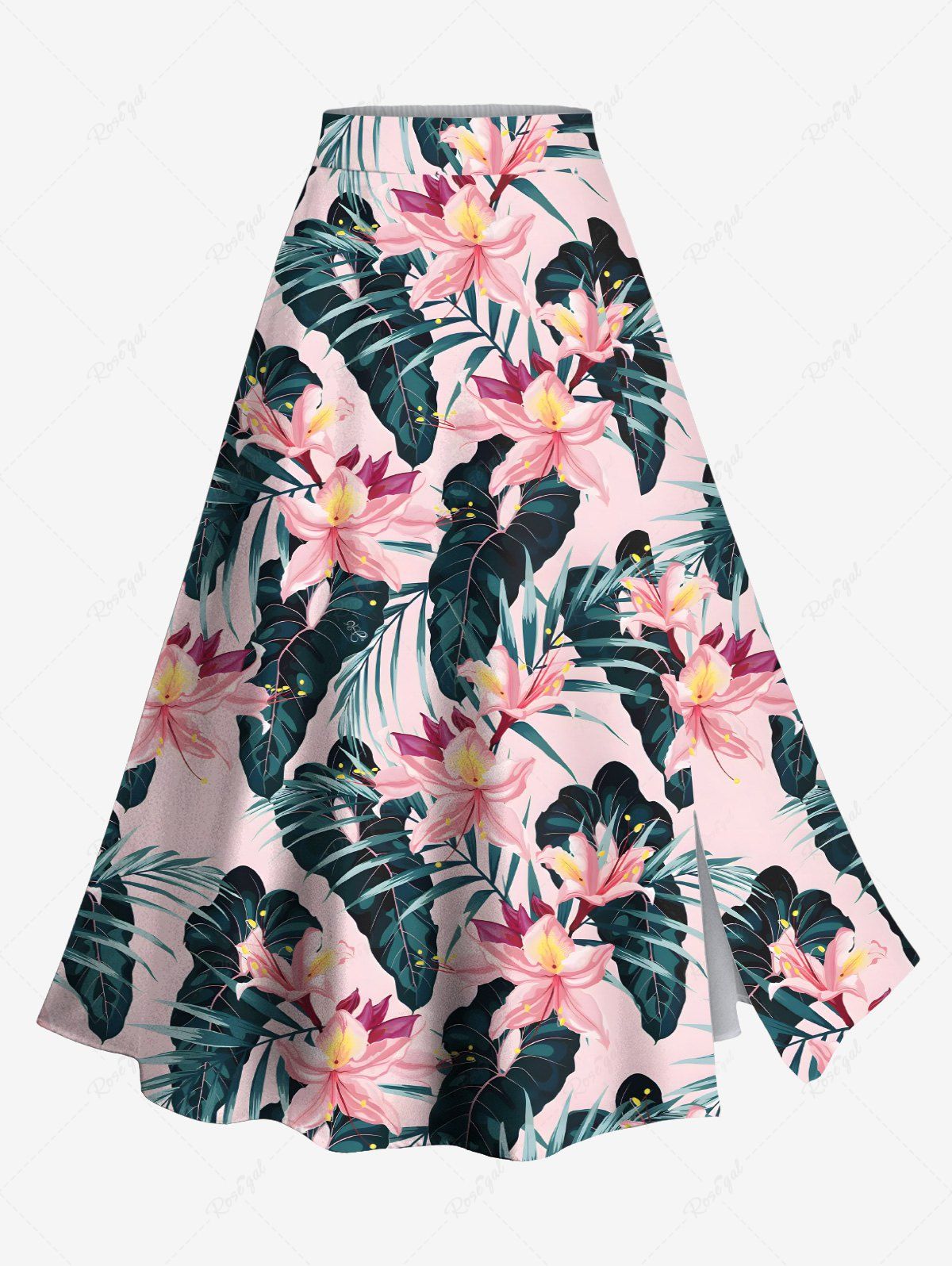 Sale Plus Size Tropical Flower Leaf Print Split Hawaii Skirt  