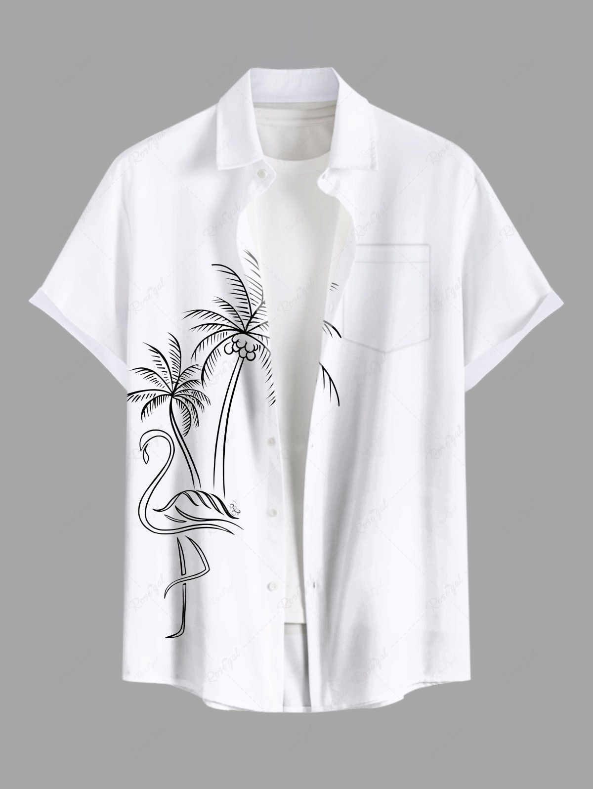 Best Plus Size Coconut Tree Flamingo Hand-painted Print Hawaii Button Pocket Shirt For Men  