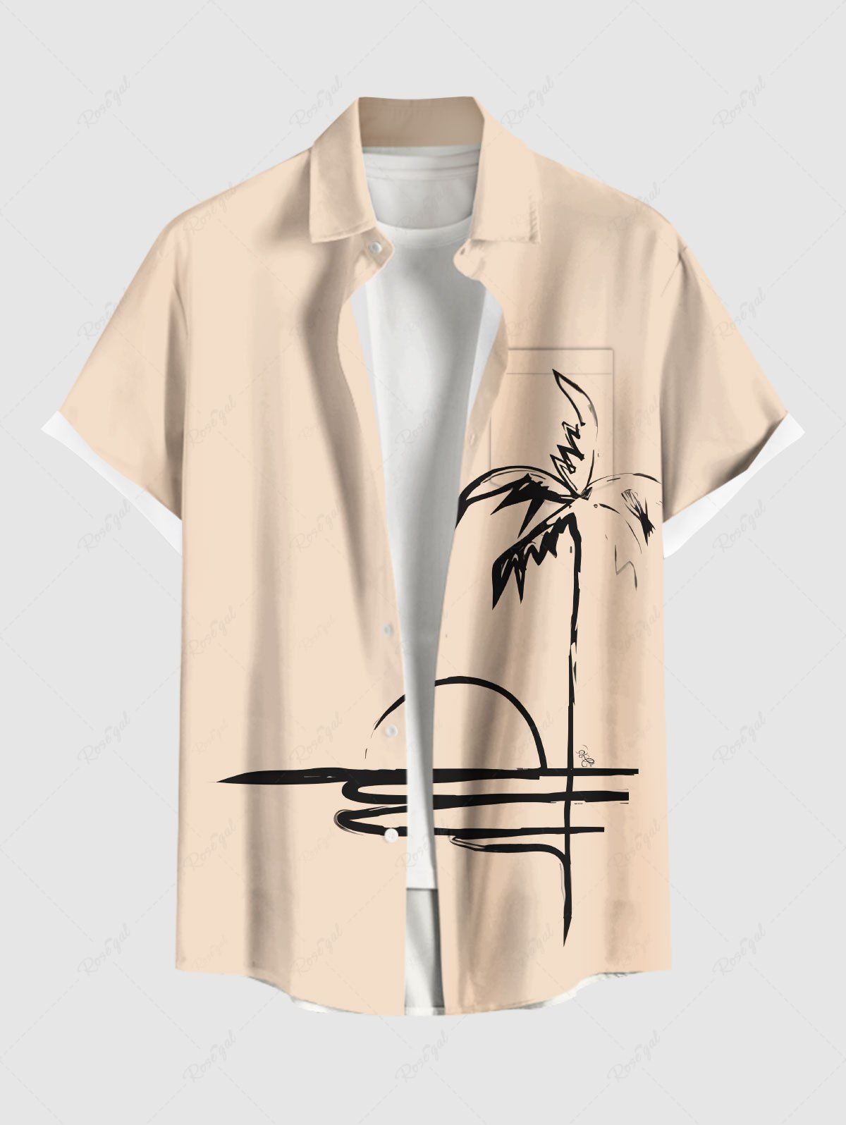 Outfits Plus Size Coconut Tree Sun Sea Hand-painted Print Hawaii Button Pocket Shirt For Men  