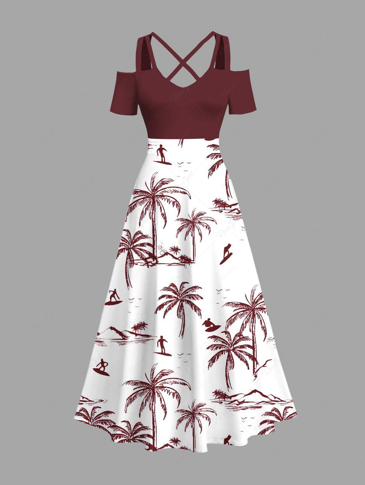Cheap Plus Size Coconut Tree Surfer Print Hawaii Cold Shoulder Crisscross Strappy A Line Maxi Dress  