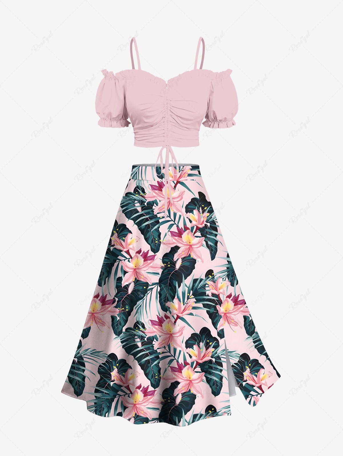 Discount Cinched Ruffles Ruched Cold Shoulder Cami Top and Tropical Flower Leaf Print Split Hawaii Skirt Plus Size Matching Set  