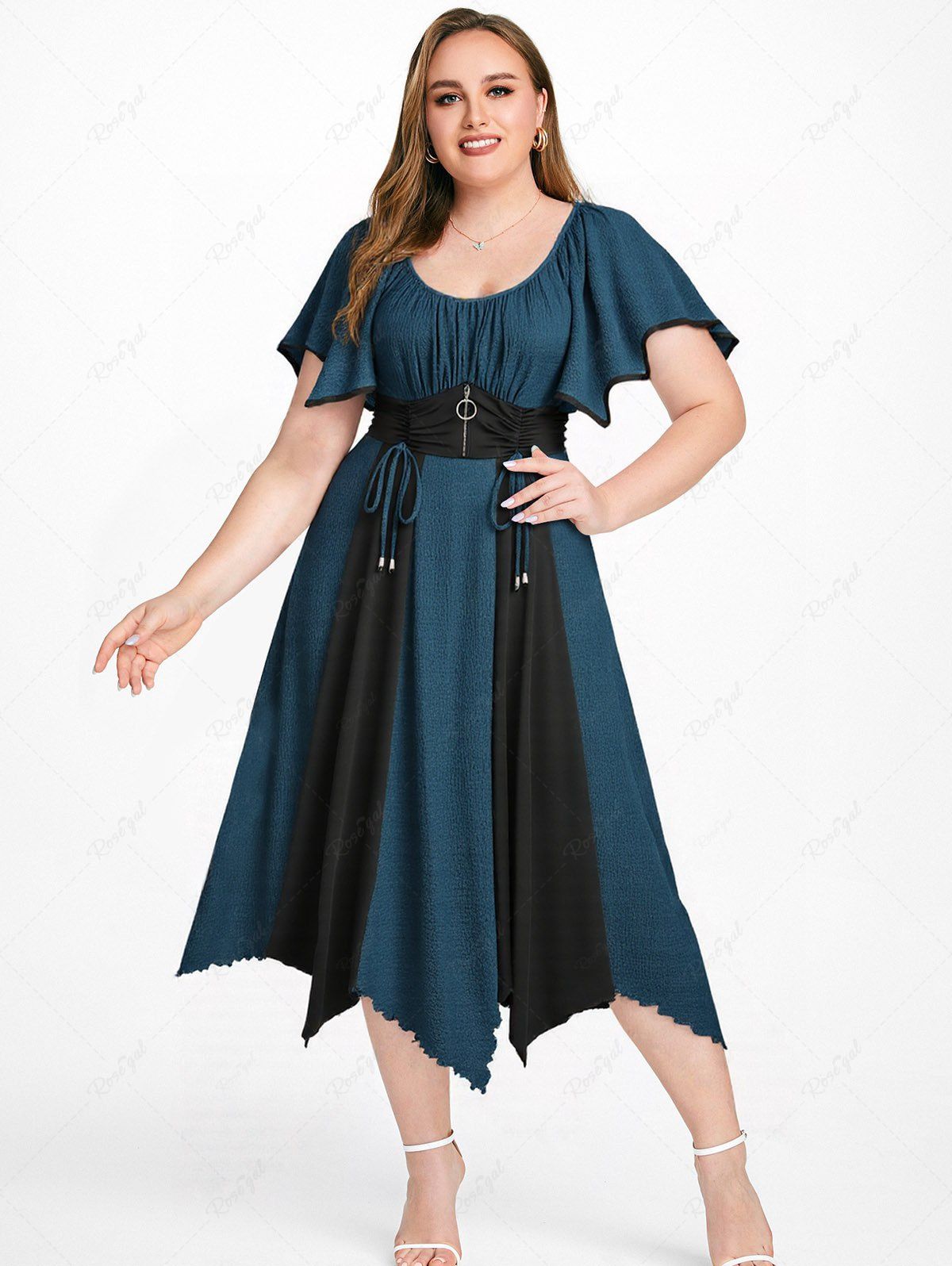 Outfit Plus Size Zipper O-ring Waist Cinched Pocket Ruched Textured Asymmetrical Dress  