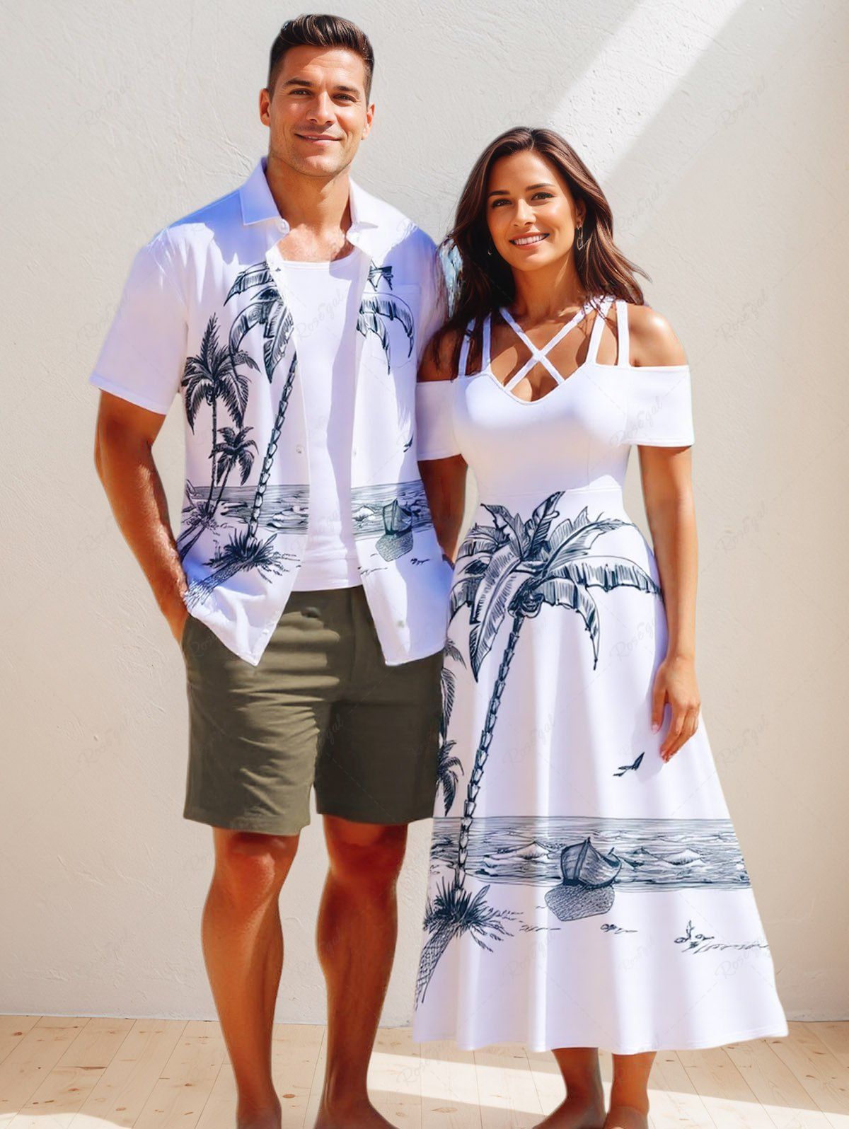 Trendy Coconut Tree Sea Boat Bird Print Plus Size Matching Hawaii Beach Outfit For Couples  