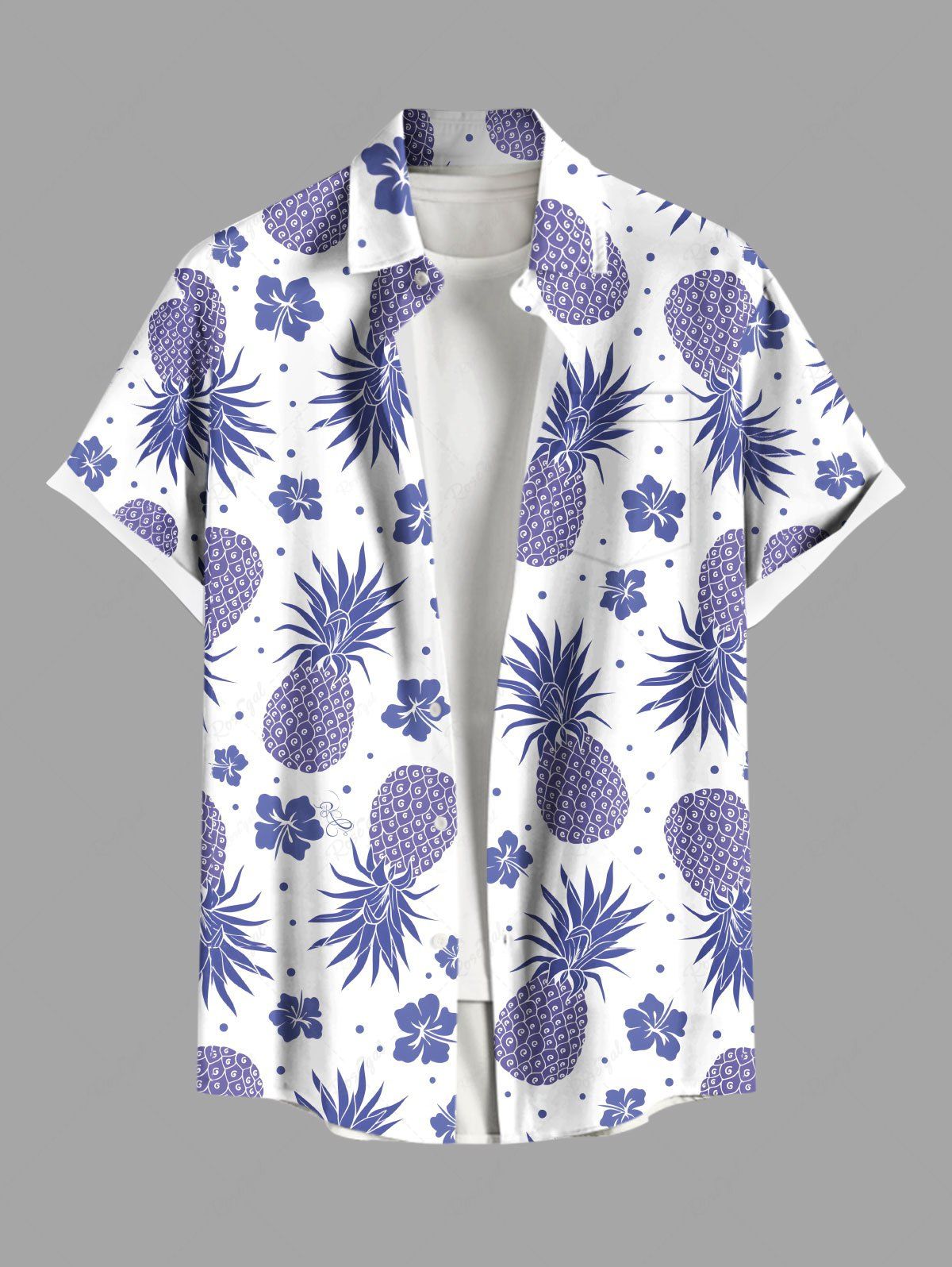 Chemise hawaïenne grande taille à imprimé ananas et hibiscus avec poches et boutons pour homme Blanc S