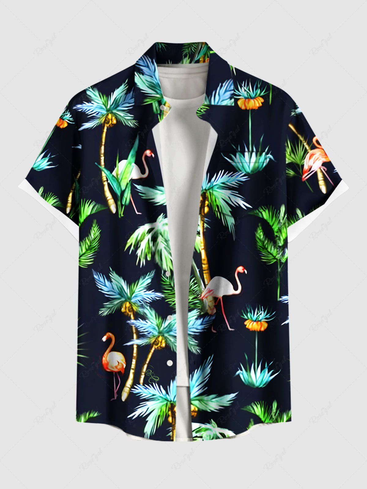 Sale Plus Size Coconut Tree Flamingo Print Hawaii Button Pocket Shirt For Men  