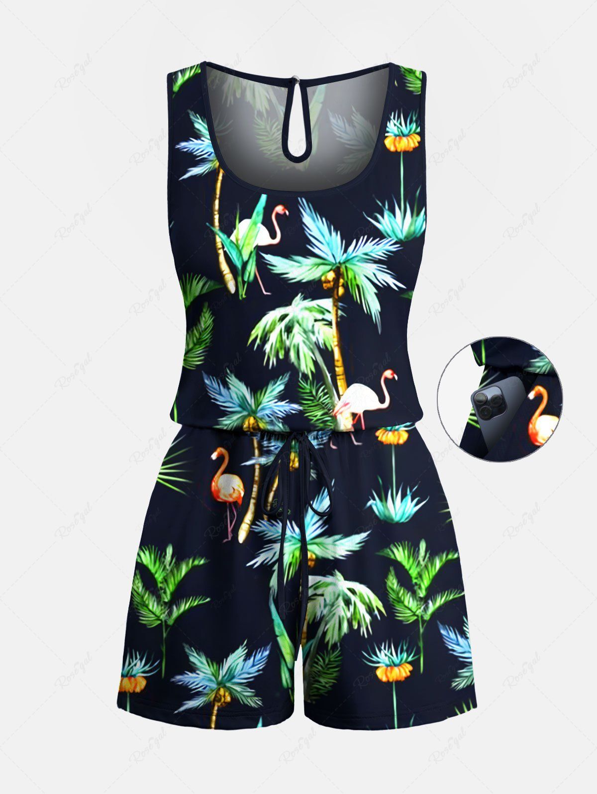 Trendy Plus Size Coconut Tree Flamingo Print Hawaii Drawstring Pocket Romper  