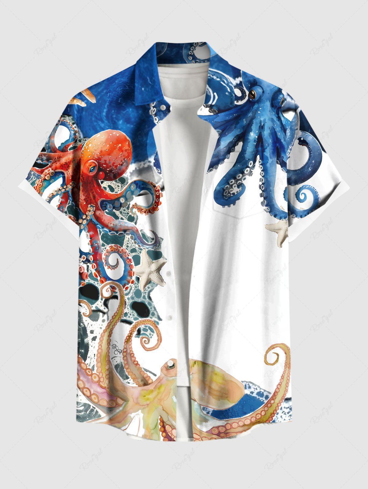 Unique Plus Size Colorful Octopus Sea Waves Print Hawaii Button Pocket Shirt For Men  