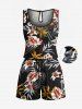 Ensemble chemise et barboteuse hawaïennes assorties, grande taille, imprimé feuilles tropicales et hibiscus, pour couples - Noir 