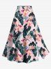 Cinched Ruffles Ruched Cold Shoulder Cami Top and Tropical Flower Leaf Print Split Hawaii Skirt Plus Size Matching Set -  