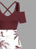 Robe longue hawaïenne grande taille à imprimé cocotiers et à bretelles croisées, épaules dénudées et coupe trapèze - Rouge 2X