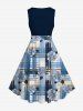 Robe trapèze à carreaux style hawaïen vintage, grande taille, motif floral à l'encre - Bleu M