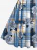 Robe trapèze à carreaux style hawaïen vintage, grande taille, motif floral à l'encre - Bleu M