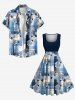 Robe trapèze à carreaux style hawaïen vintage, grande taille, motif floral à l'encre - Bleu 2X
