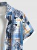 Plus Size Flower Ink Painting Plaid Colorblock Print Hawaii Button Pocket Shirt For Men -  