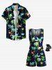 Plus Size Coconut Tree Flamingo Print Hawaii Drawstring Pocket Romper -  