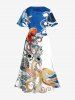 Plus Size Colorful Octopus Sea Waves Print Hawaii Split Pocket A Line Midi Dress -  