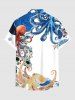 Plus Size Colorful Octopus Sea Waves Print Hawaii Button Pocket Shirt For Men -  