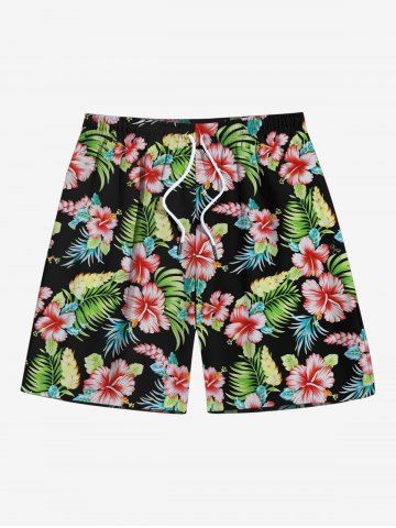 Plus Size Tropical Leaf Hibiscus Flower Print Hawaii Beach Shorts For Men - BLACK - M