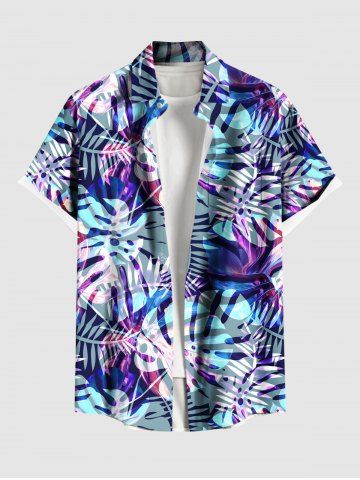 Plus Size Tropical Leaf Print Buttons Pocket Hawaii Shirt For Men - PURPLE - L