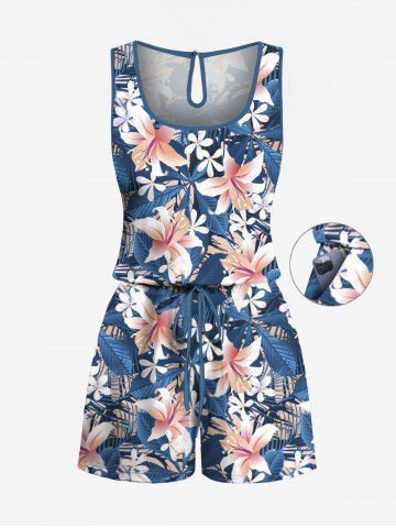 Plus Size Tropical Leaf Hibiscus Flowers Print Cinched Hawaii Romper - BLUE - S