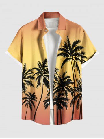 Plus Size Coconut Tree Ombre Print Buttons Pocket Hawaii Shirt For Men - YELLOW - L