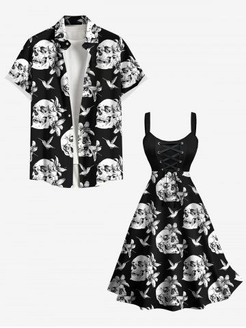 Skulls Flowers Bird Print Plus Size Matching Hawaii Beach Outfit For Couples - BLACK