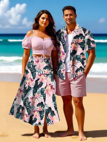 Tropical Flower Leaf Print Plus Size Matching Hawaii Beach Outfit For Couples