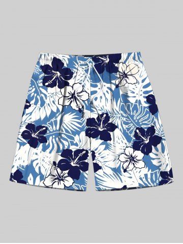 Plus Size Tropical Leaves Hibiscus Floral Print Hawaii Drawstring Beach Shorts For Men - BLUE - 8XL
