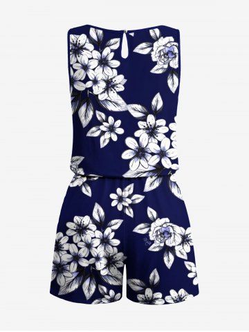 Plus Size Ombre Floral Leaves Print Hawaii Drawstring Pocket Romper