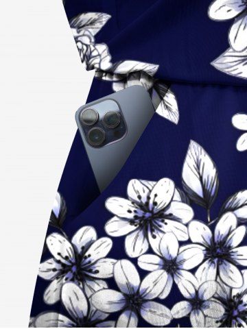 Plus Size Ombre Floral Leaves Print Hawaii Drawstring Pocket Romper