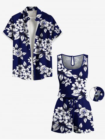 Plus Size Ombre Floral Leaves Print Hawaii Drawstring Pocket Romper