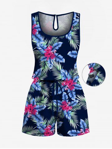 Plus Size Coconut Tree Tropical Leaf Flower Print Hawaii Drawstring Pocket Romper - BLACK - 2X
