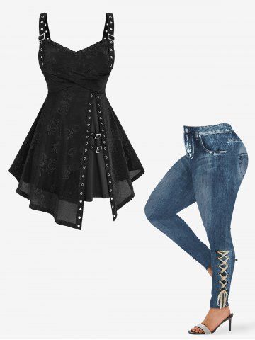 Rose Flower Graphic Crossover Bust Split Top and 3D Lace Distressed Ombre Denim Printed Leggings Plus Size Outfit - BLACK