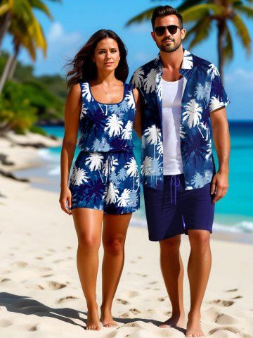 Matching Hawaii Shirt and Romper Plus Size Beach Outfit Tie Dye Ombre Coconut Tree Print For Couples - BLUE